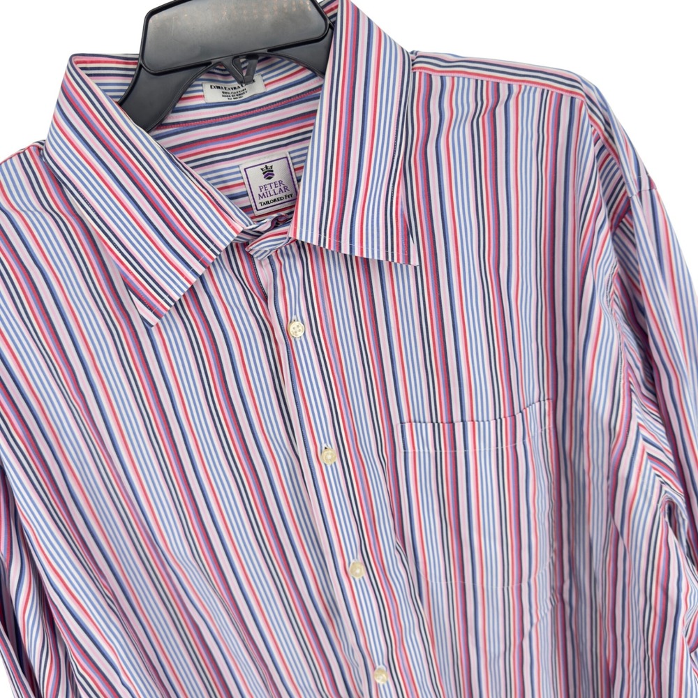 Peter Millar Tailored Fit Striped Button Down Shirt Mens XXL 2XL Blue Red Pink